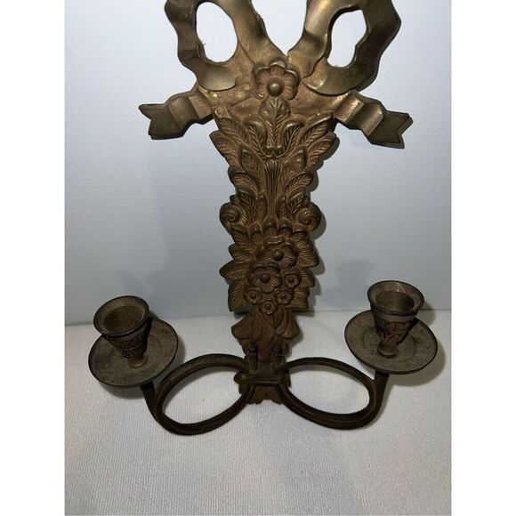 Vintage Brass Wall 2 Taper Candle Holder Sconce Gothic Victorian - Picture 8 of 8